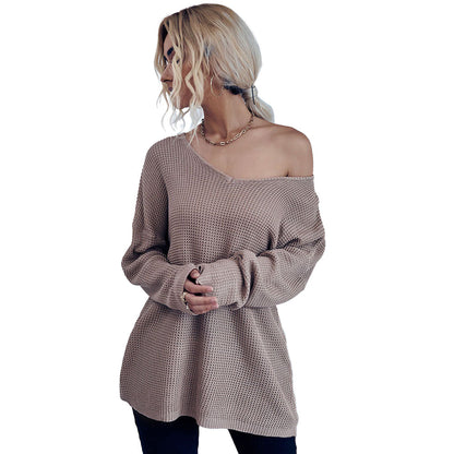 YESFASHION Casual Women Loose Long Sleeve V-neck Chunky Sweaters