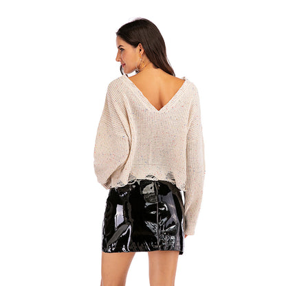 YESFASHION Cutout Loose Knit Solid Color V-neck Pullover Sweaters