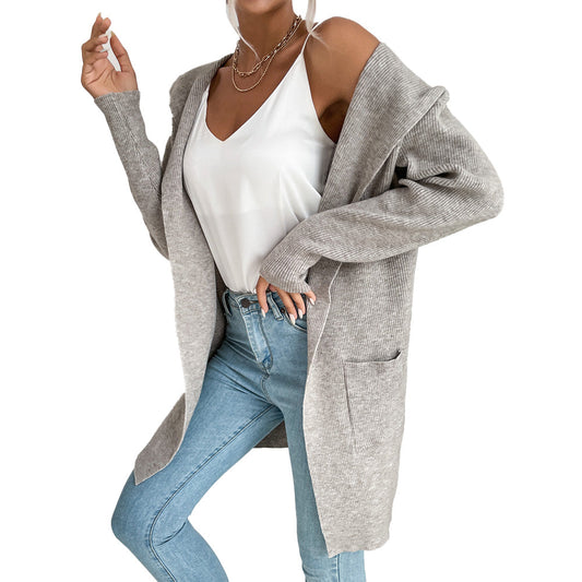 YESFASHION Women Hooded Pit Knit Sweaters Cardigan