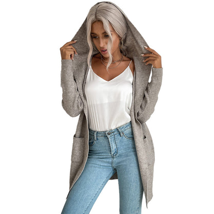 YESFASHION Women Hooded Pit Knit Sweaters Cardigan