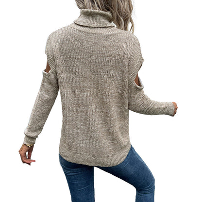 YESFASHION Women Turtleneck Solid Cutout Off Shoulder Sweaters