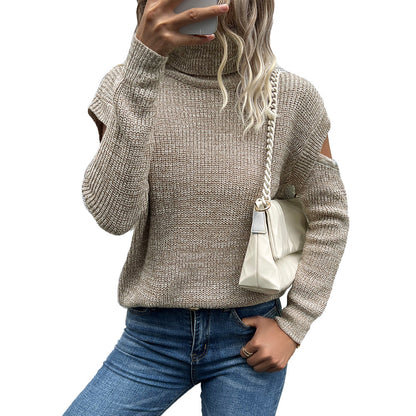 YESFASHION Women Turtleneck Solid Cutout Off Shoulder Sweaters