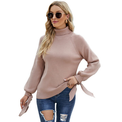 YESFASHION Long Sleeve Lace-up Knitted Loose Pullover Turtleneck Sweaters