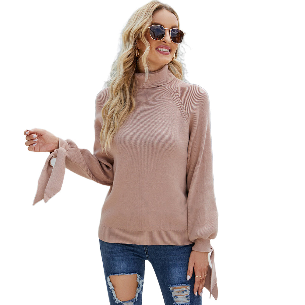 YESFASHION Long Sleeve Lace-up Knitted Loose Pullover Turtleneck Sweaters