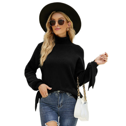 YESFASHION Long Sleeve Lace-up Knitted Loose Pullover Turtleneck Sweaters