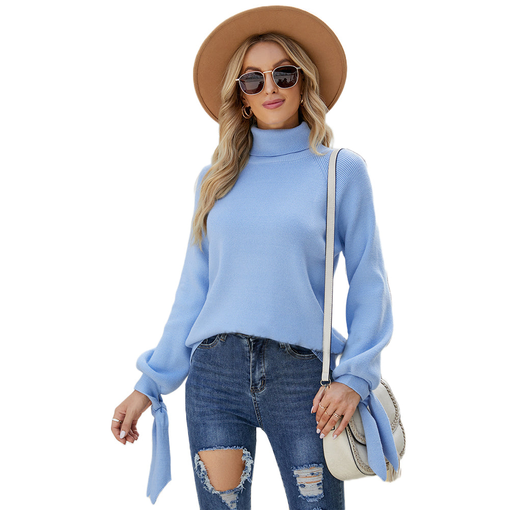 YESFASHION Long Sleeve Lace-up Knitted Loose Pullover Turtleneck Sweaters