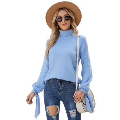 YESFASHION Long Sleeve Lace-up Knitted Loose Pullover Turtleneck Sweaters