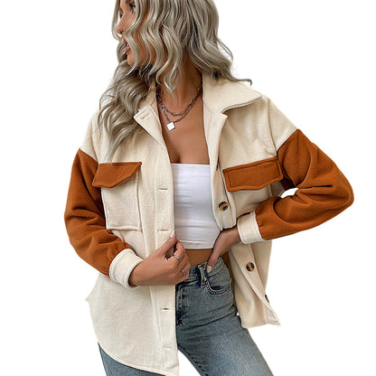 YESFASHION Women Coats Lapel Colorblock Long Sleeve Fleece Jacket