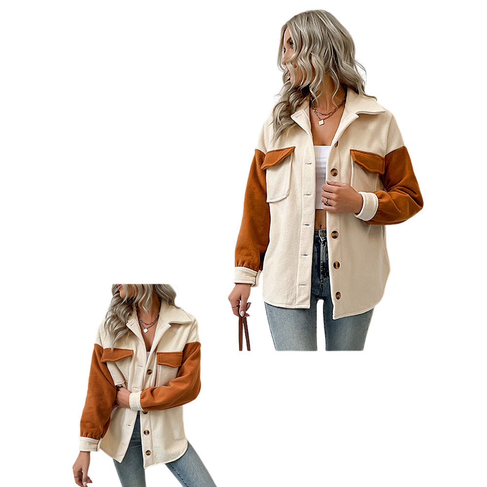 YESFASHION Women Coats Lapel Colorblock Long Sleeve Fleece Jacket