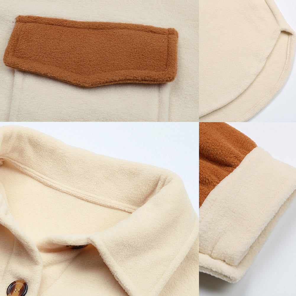 YESFASHION Women Coats Lapel Colorblock Long Sleeve Fleece Jacket