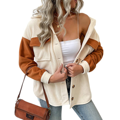 YESFASHION Women Coats Lapel Colorblock Long Sleeve Fleece Jacket