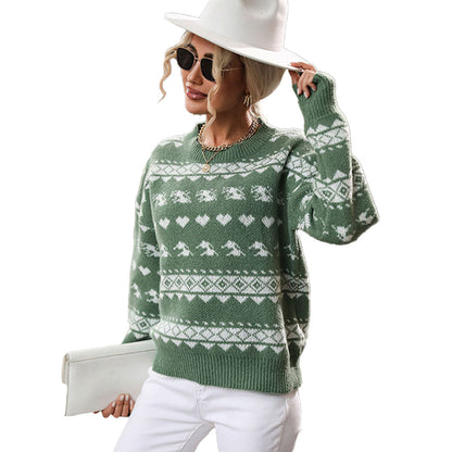 YESFASHION Trendy Crew Neck Red Knit Christmas Snowflake Sweaters