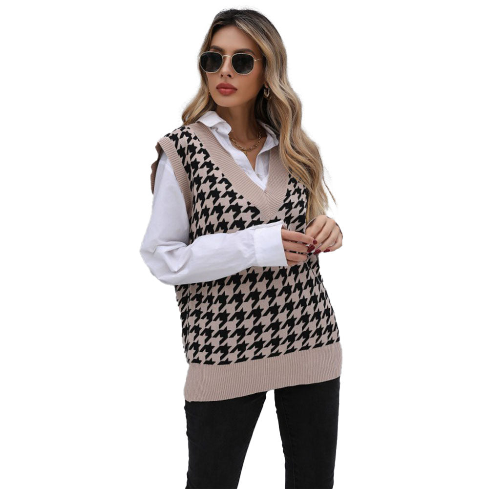 YESFASHION Mid-length Tops Houndstooth Sweater Vest