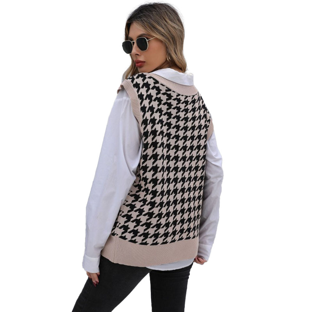 YESFASHION Mid-length Tops Houndstooth Sweater Vest