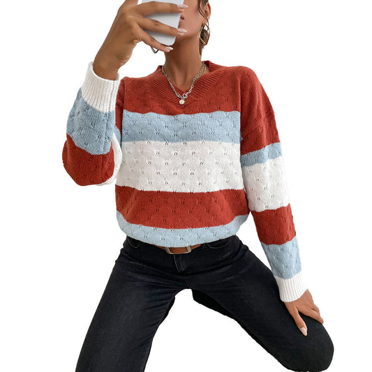 YESFASHION Casual Top Colorblock Long Sleeve Loose Sweaters