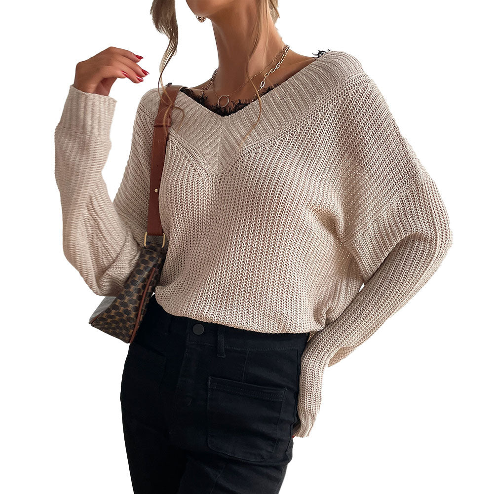 YESFASHION Women Panel Lace Pullover Solid Knit Sweaters