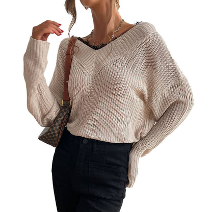 YESFASHION Women Panel Lace Pullover Solid Knit Sweaters