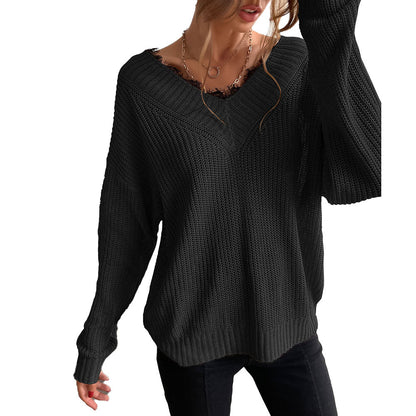 YESFASHION Women Panel Lace Pullover Solid Knit Sweaters