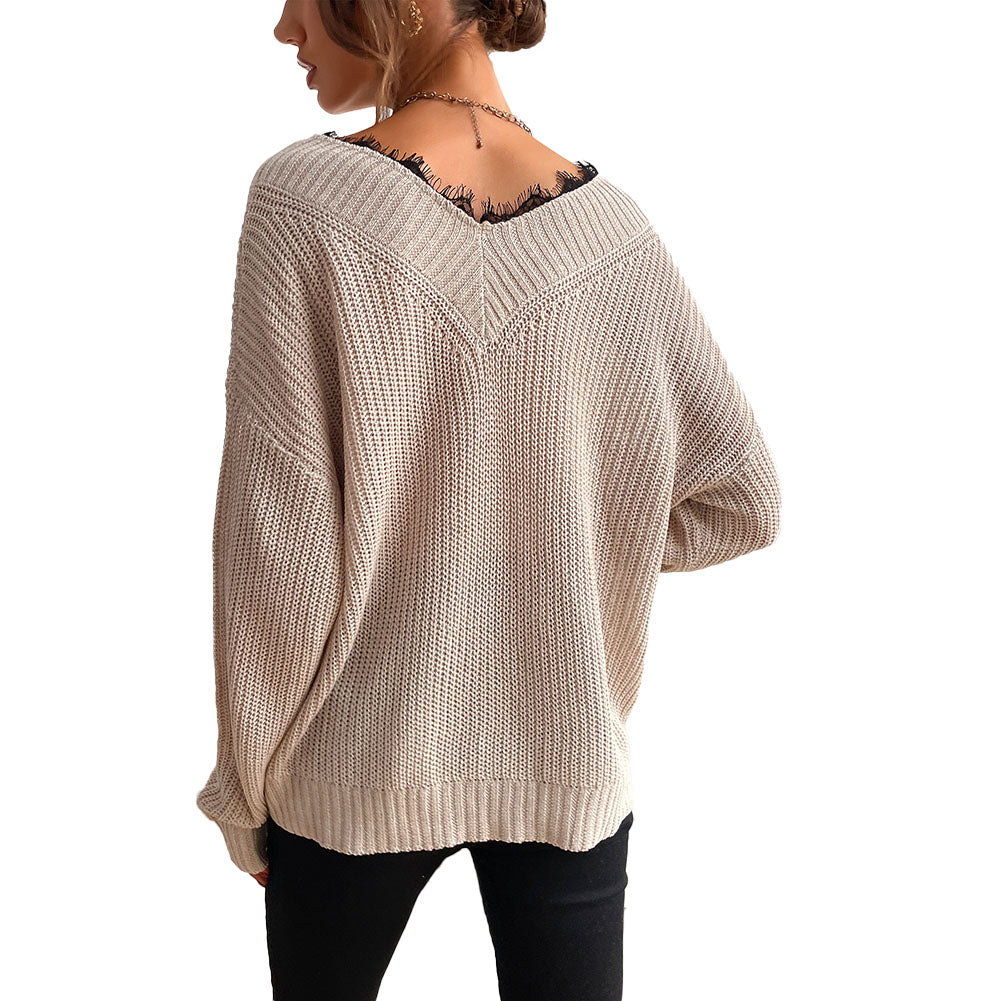 YESFASHION Women Panel Lace Pullover Solid Knit Sweaters