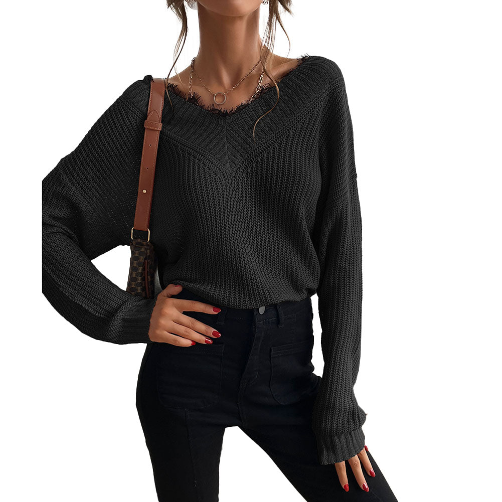 YESFASHION Women Panel Lace Pullover Solid Knit Sweaters