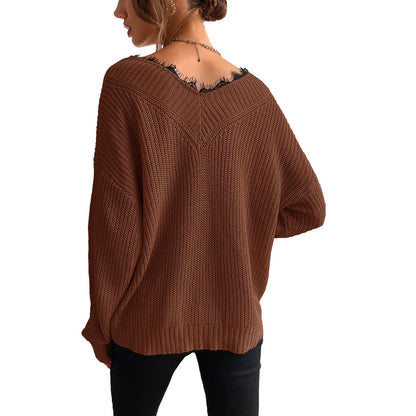 YESFASHION Women Panel Lace Pullover Solid Knit Sweaters