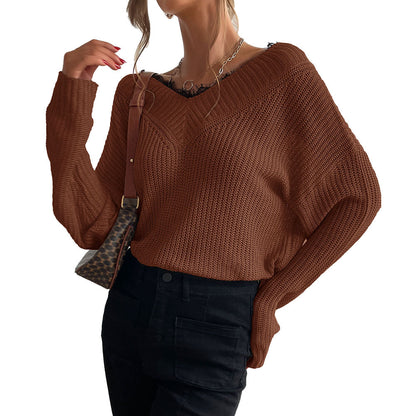 YESFASHION Women Panel Lace Pullover Solid Knit Sweaters