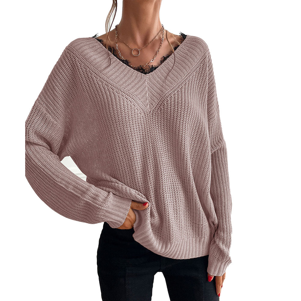 YESFASHION Women Panel Lace Pullover Solid Knit Sweaters