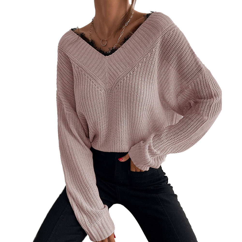 YESFASHION Women Panel Lace Pullover Solid Knit Sweaters