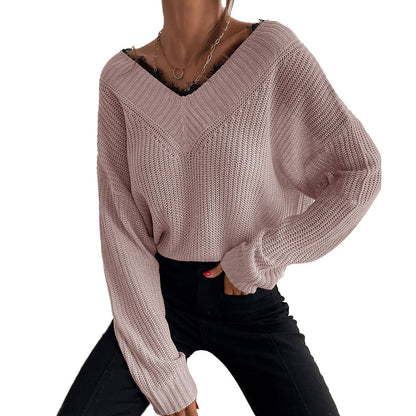 YESFASHION Women Panel Lace Pullover Solid Knit Sweaters