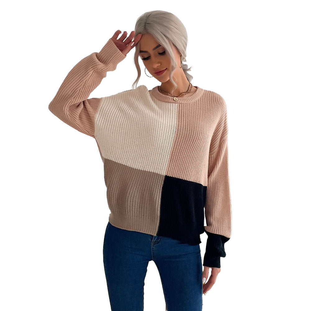 YESFASHION Slouchy Top Colorblock Long-sleeve Loose-fitting Sweaters