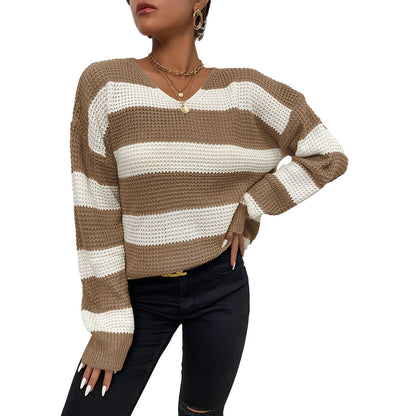 YESFASHION Casual Tops Thin Long Sleeve Striped Sweaters