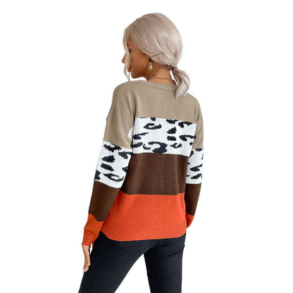YESFASHION Casual Tops Leopard Print Colorblock Sweaters