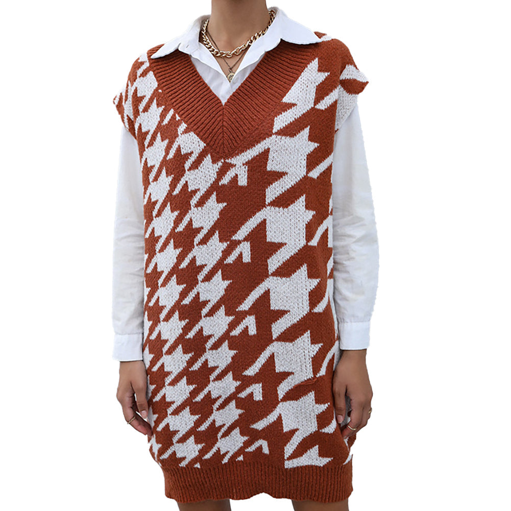 YESFASHION Houndstooth Autumn And Winter Sweater Dress