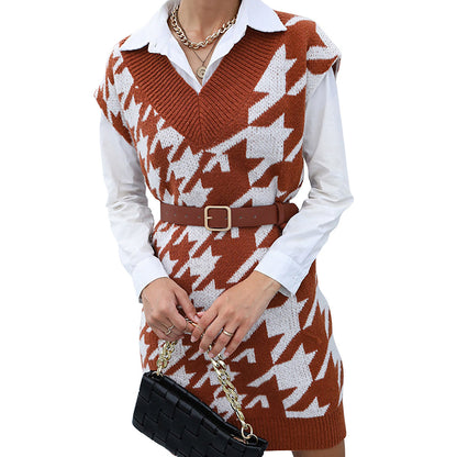 YESFASHION Houndstooth Autumn And Winter Sweater Dress
