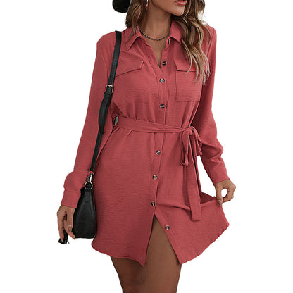 YESFASHION Fashion Red Long-sleeved Lapel French Shirt Dress