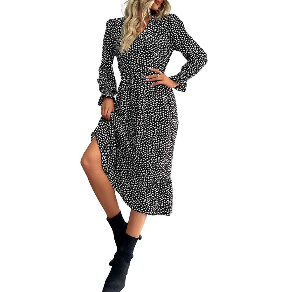 YESFASHION Women Printed V-neck Long Sleeve Black Dress