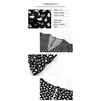 YESFASHION Women Printed V-neck Long Sleeve Black Dress