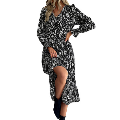 YESFASHION Women Printed V-neck Long Sleeve Black Dress