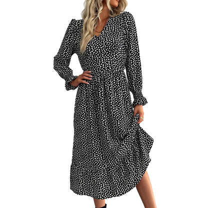 YESFASHION Women Printed V-neck Long Sleeve Black Dress