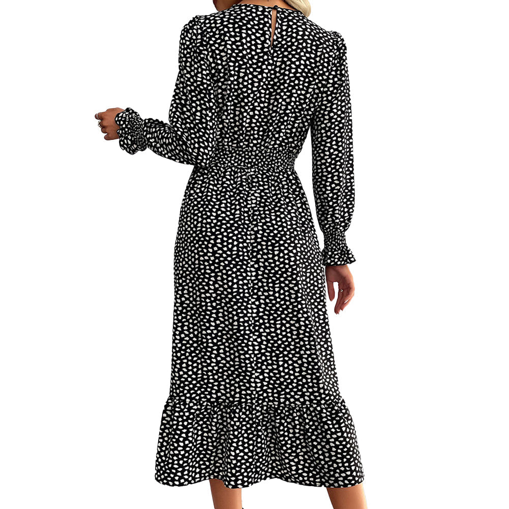 YESFASHION Women Printed V-neck Long Sleeve Black Dress
