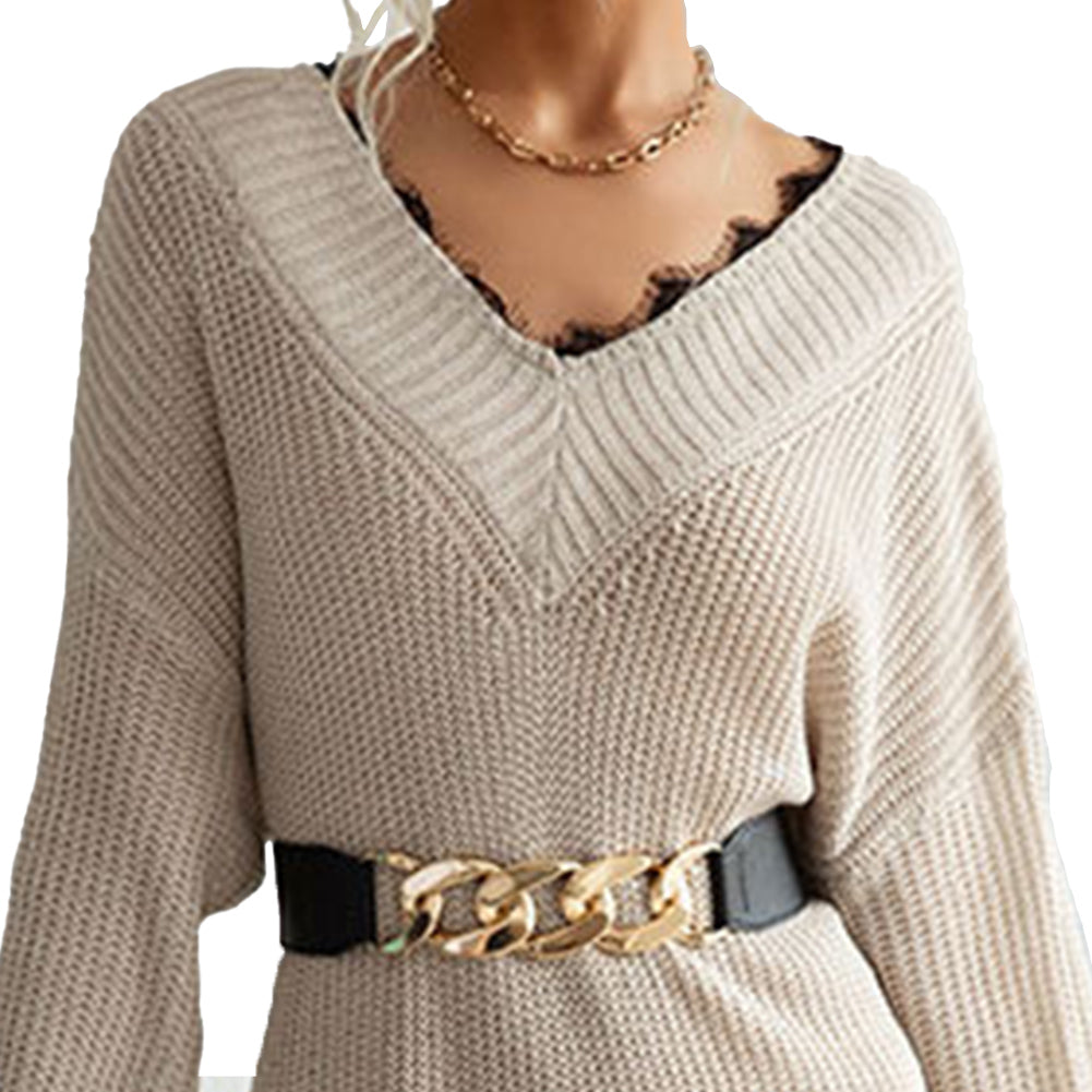 YESFASHION  Women V-neck Solid Color Lace Panel Sweater Dress