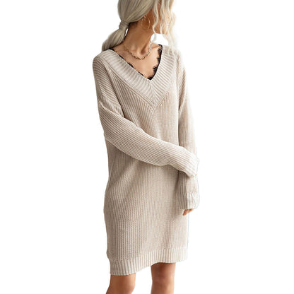 YESFASHION  Women V-neck Solid Color Lace Panel Sweater Dress