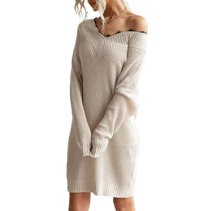 YESFASHION  Women V-neck Solid Color Lace Panel Sweater Dress