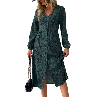 YESFASHION Women Elegant V-neck Single Breasted Dress