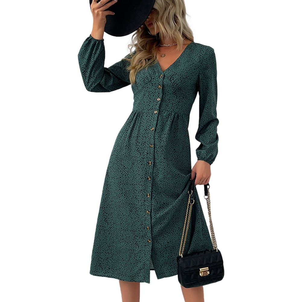 YESFASHION Women Elegant V-neck Single Breasted Dress