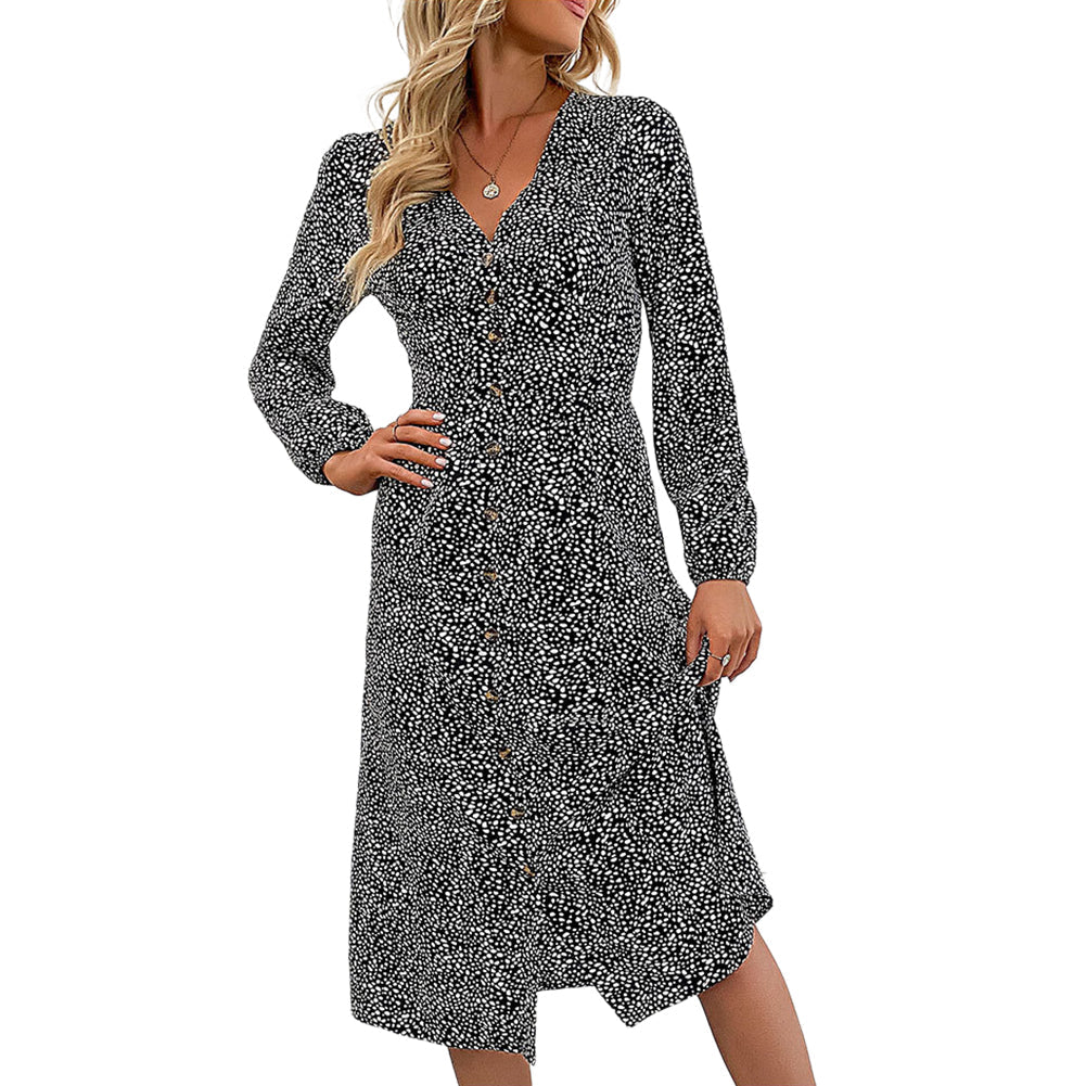 YESFASHION Women Elegant V-neck Single Breasted Dress