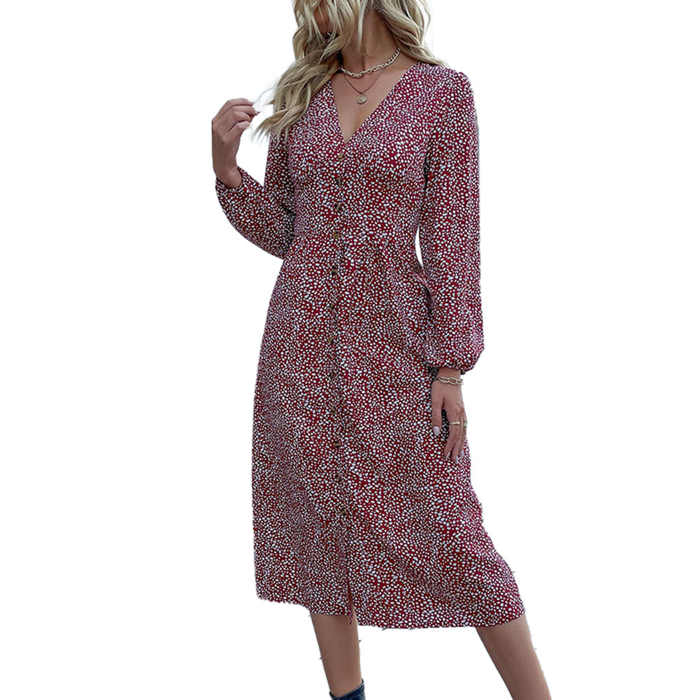 YESFASHION Women Elegant V-neck Single Breasted Dress