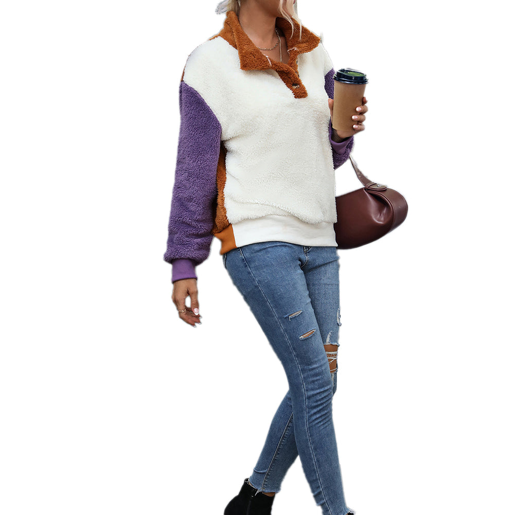 YESFASHION Loose Colorblock Panel Long Sleeve Plush Sweatshirts