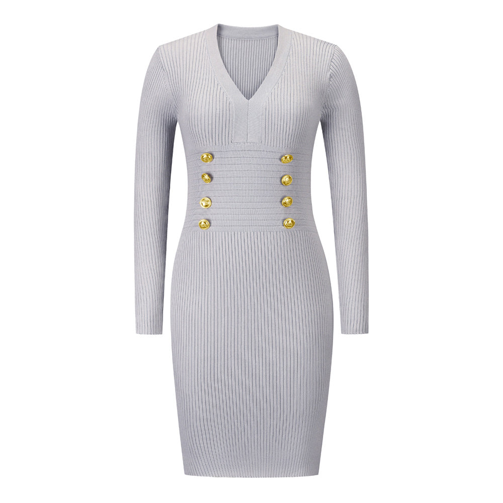 YESFASHION V-neck Double Breasted Knit Sweaters Dress