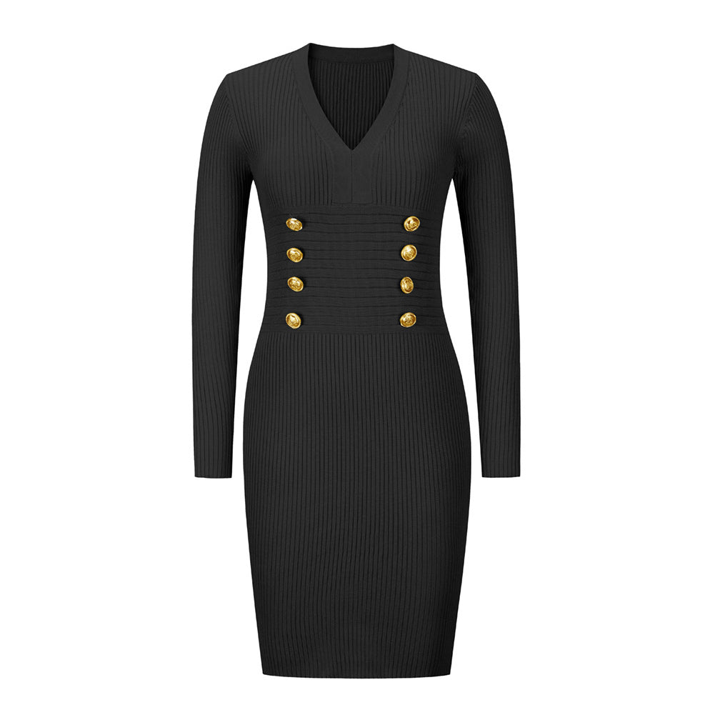 YESFASHION V-neck Double Breasted Knit Sweaters Dress